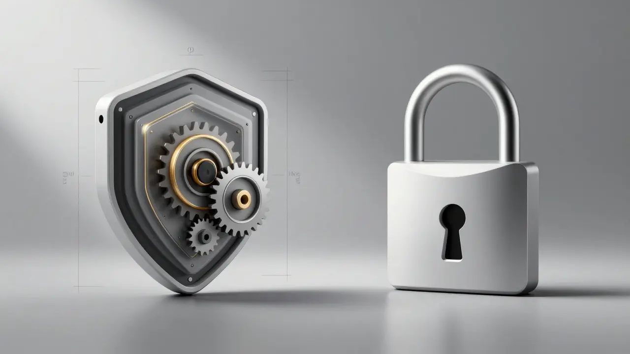 Aave's layered security shield vs Compound's single lock in product design sketch