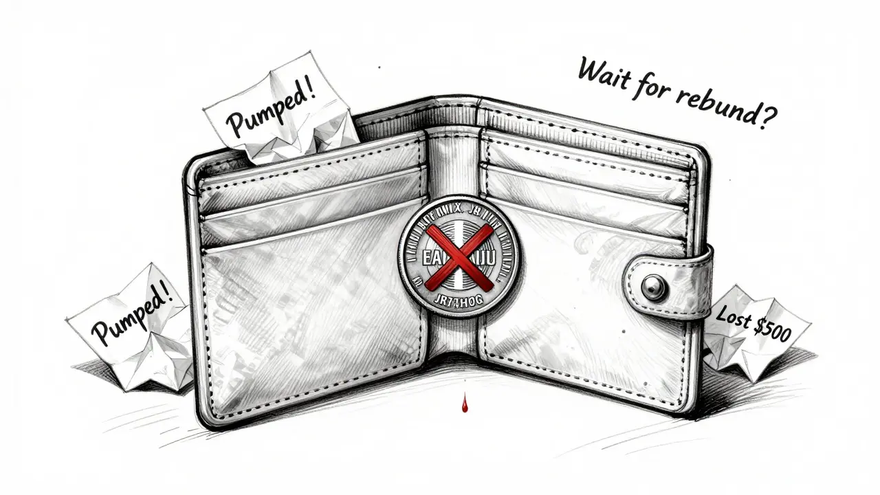 An empty wallet containing a single BANNED token with scribbled loss notes around it.