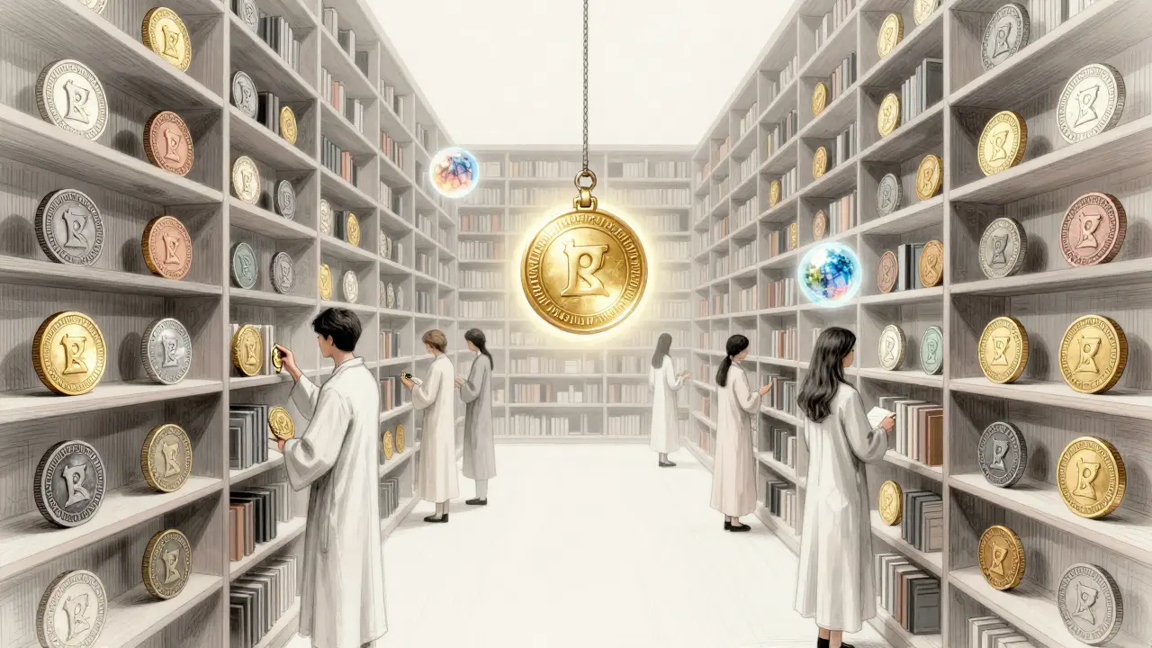 An infinite library of unique ERC-20 tokens, each as a distinct object, with a UFT token as the central librarian.