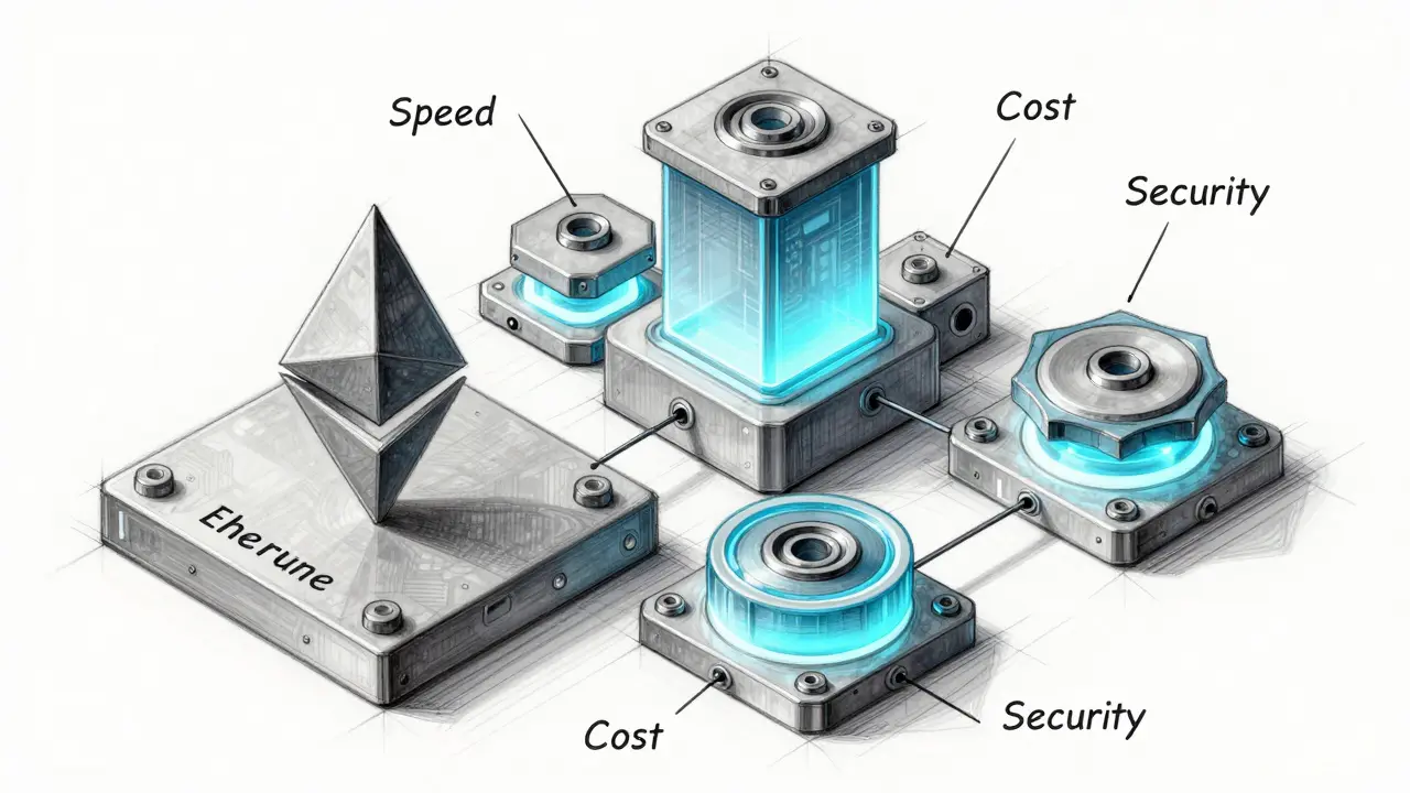 An isometric architectural model of a modular blockchain system with interlocking components labeled for speed, cost, and security.