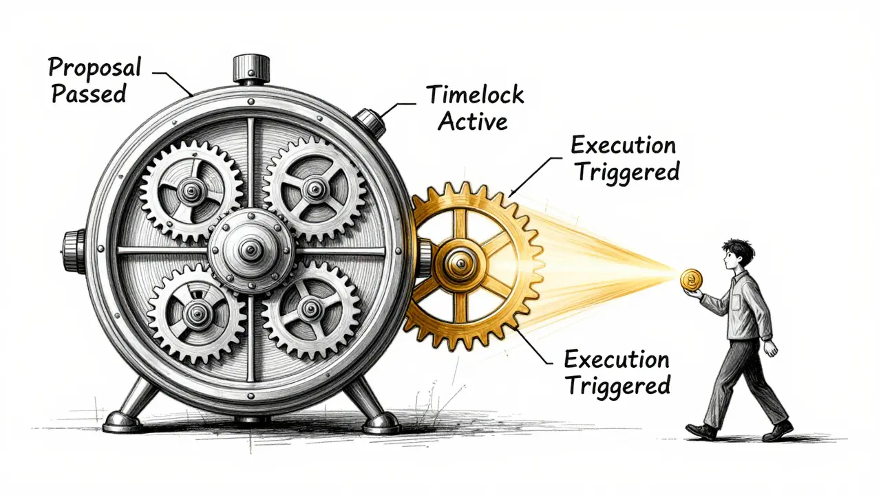 Clockwork mechanism showing proposal execution and rage quitting in technical sketch style.