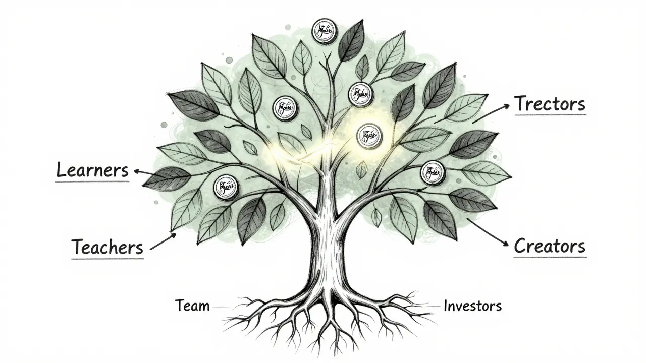 Design sketch of a tree with token leaves representing a decentralized education network.