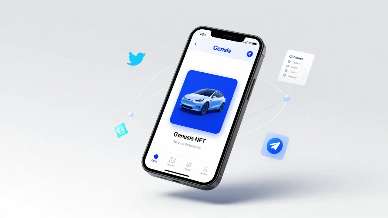 Digital wallet displaying a Genesis NFT with Tesla image, surrounded by task icons