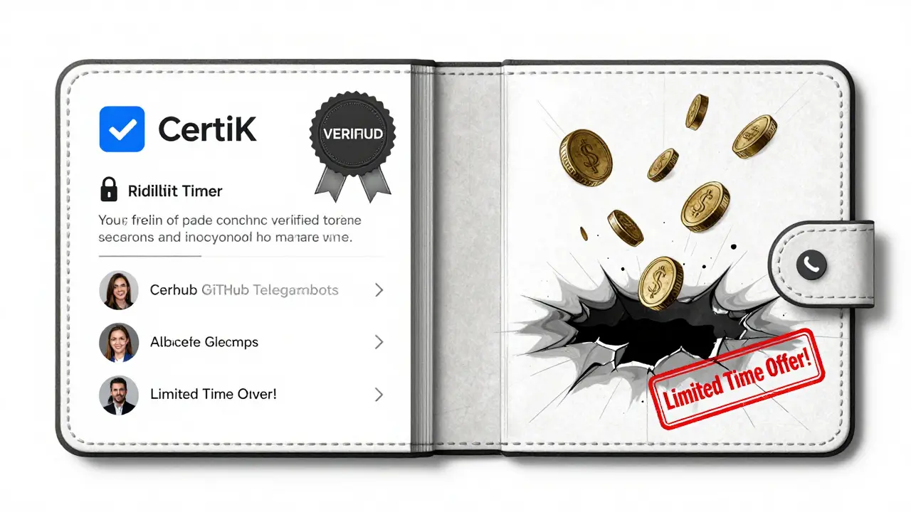 Dual-path wallet interface: verified vs. dangerous unaudited project elements.