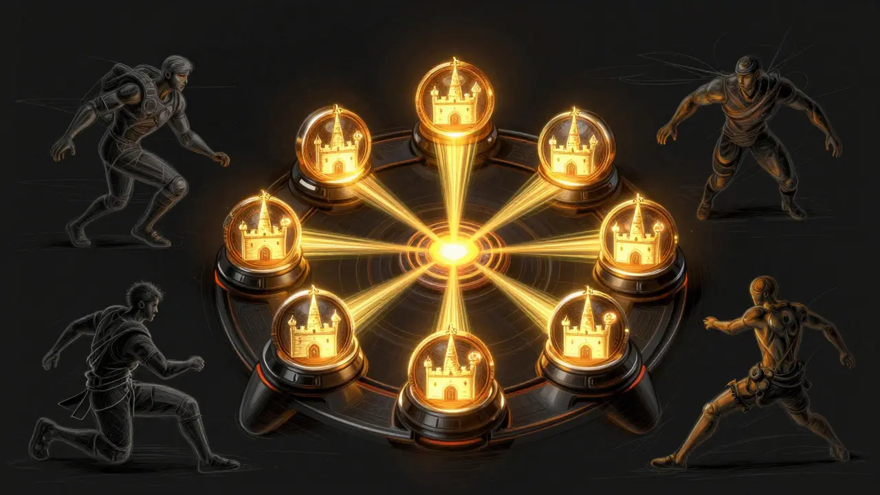 Game controller with seven castles emitting $MCRT tokens in a vortex