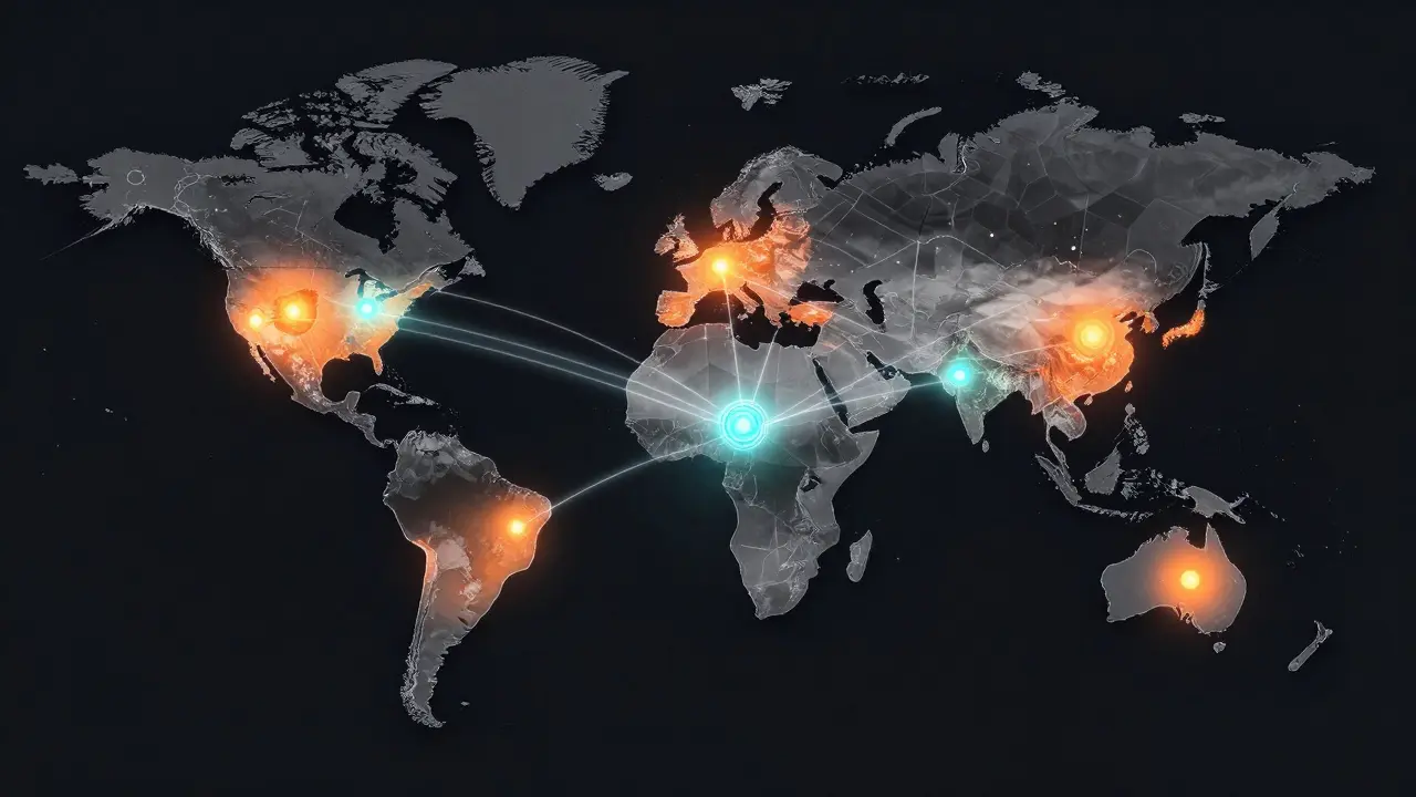 Global map highlighting P2P trade regions with cracked server node over Canada