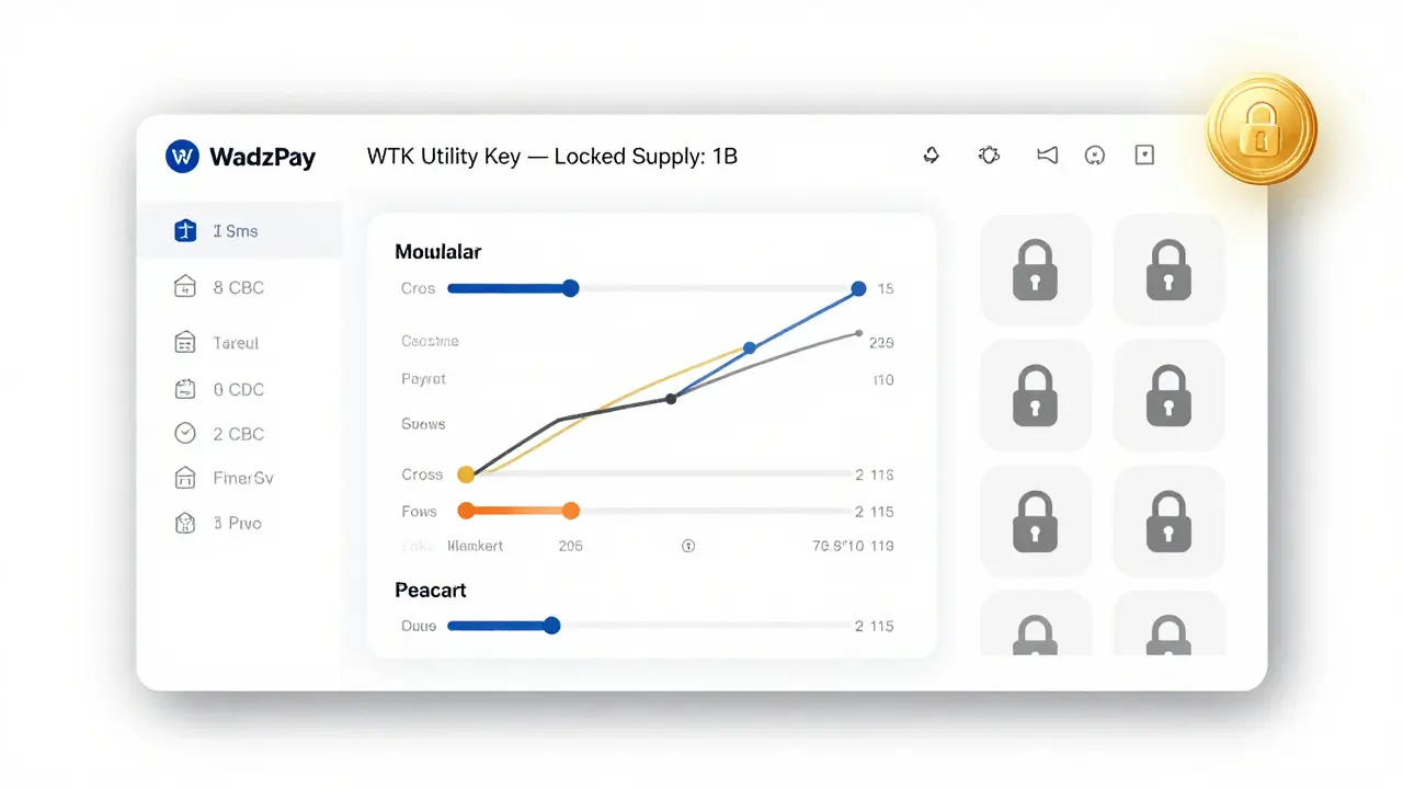 Institutional dashboard sketch showing WadzPay’s platform with one active token among billions locked.
