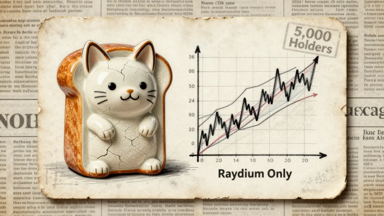 Memecoin trading card with a cracked bread cat figurine and price graph, drawn in fine pen on aged paper.
