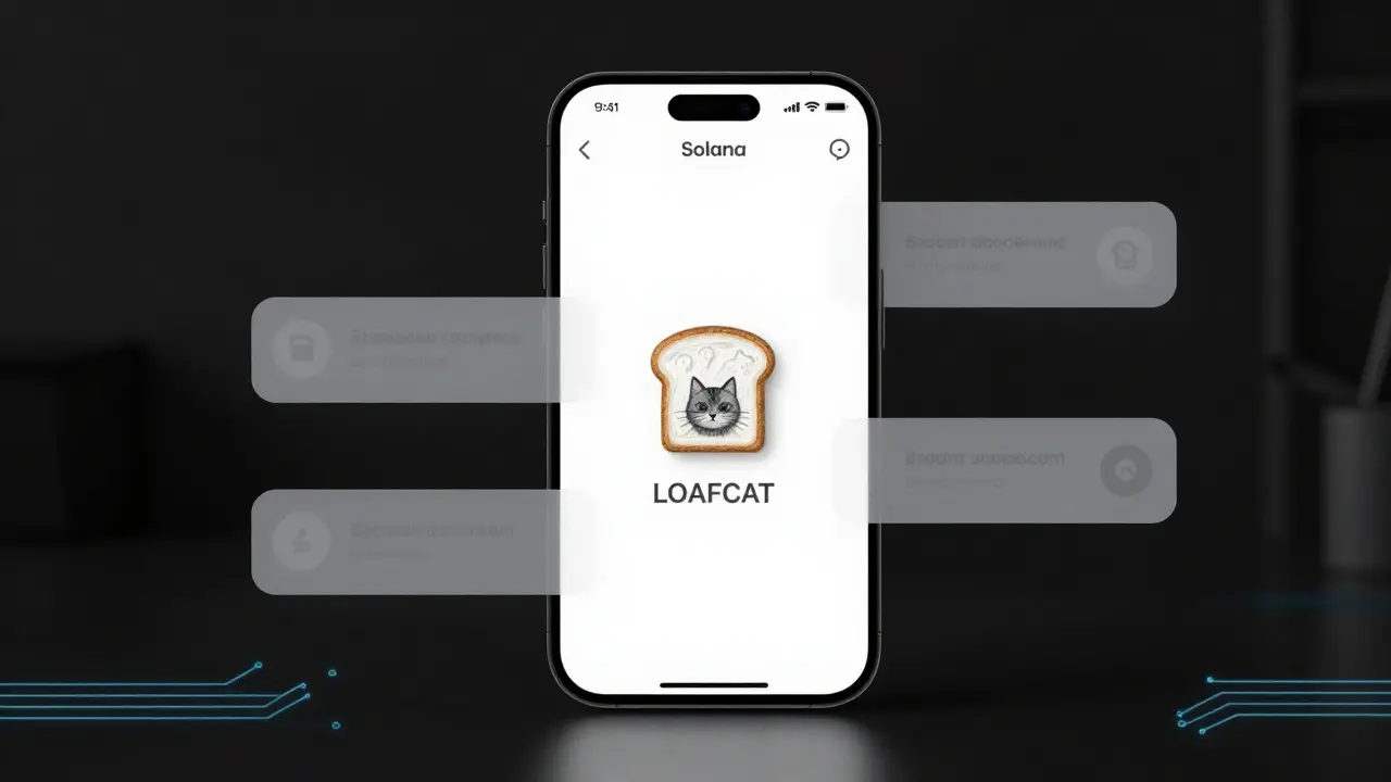 Minimalist Solana wallet interface showing LOAFCAT token, rendered in pencil with subtle circuit reflections.