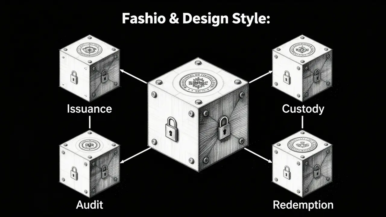 Modular ecosystem diagram of stablecoin issuance, custody, audit, and redemption components.