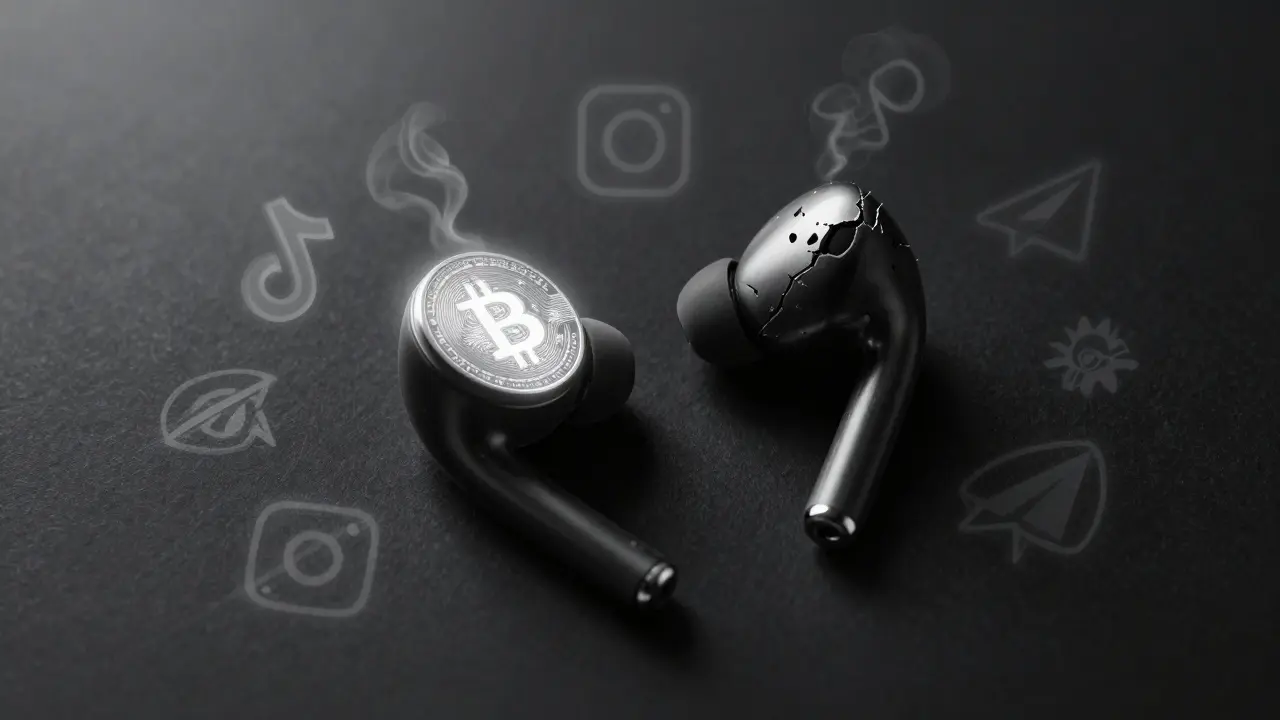 One glowing earbud with Bitcoin symbol beside a cracked one, surrounded by fading social media icons.