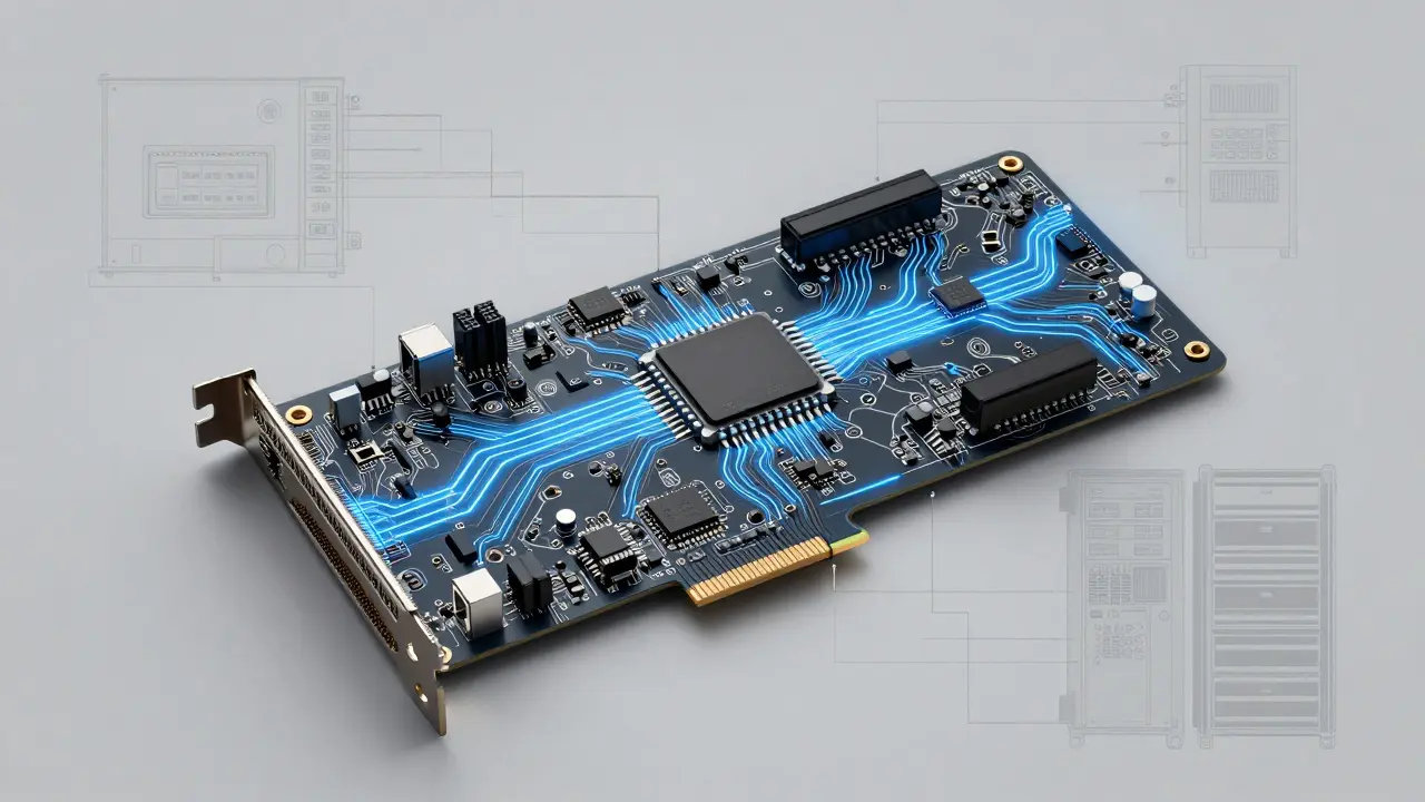 PCIe HSM card installed in server motherboard with encrypted data traces and ambient blue lighting.