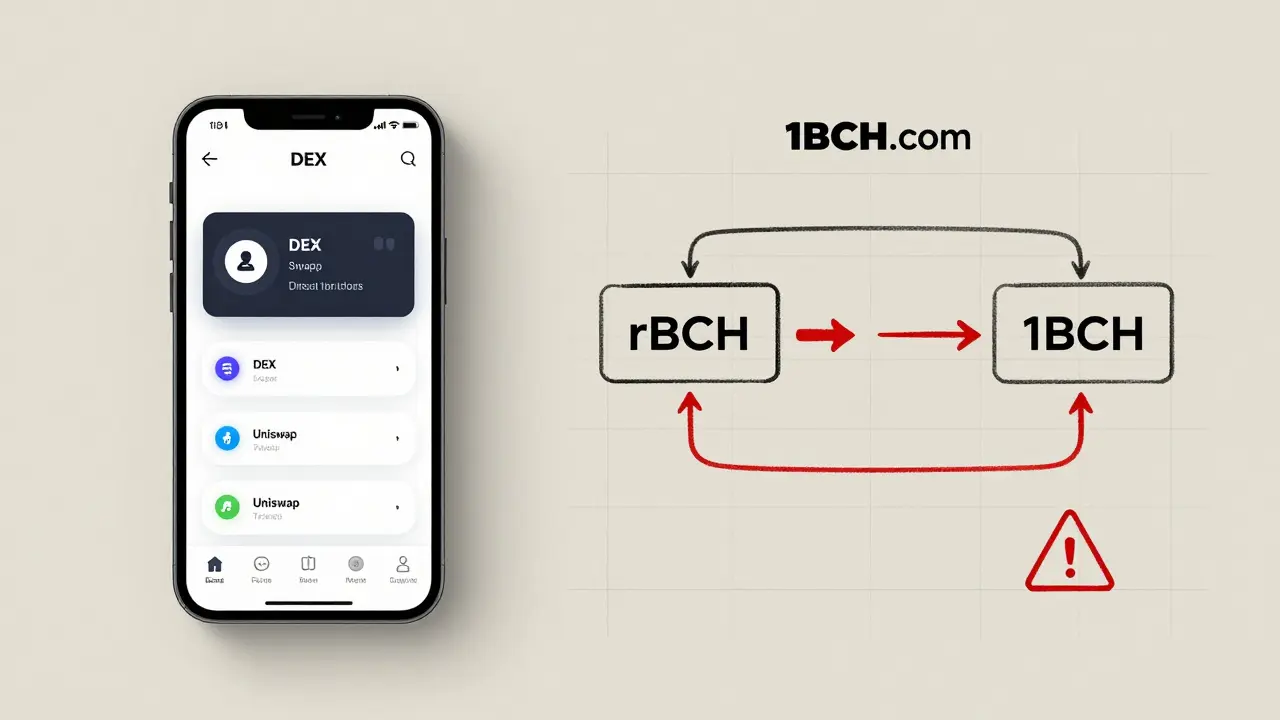 Technical sketch comparing direct token swaps vs. 1BCH.com's two-step trading process.