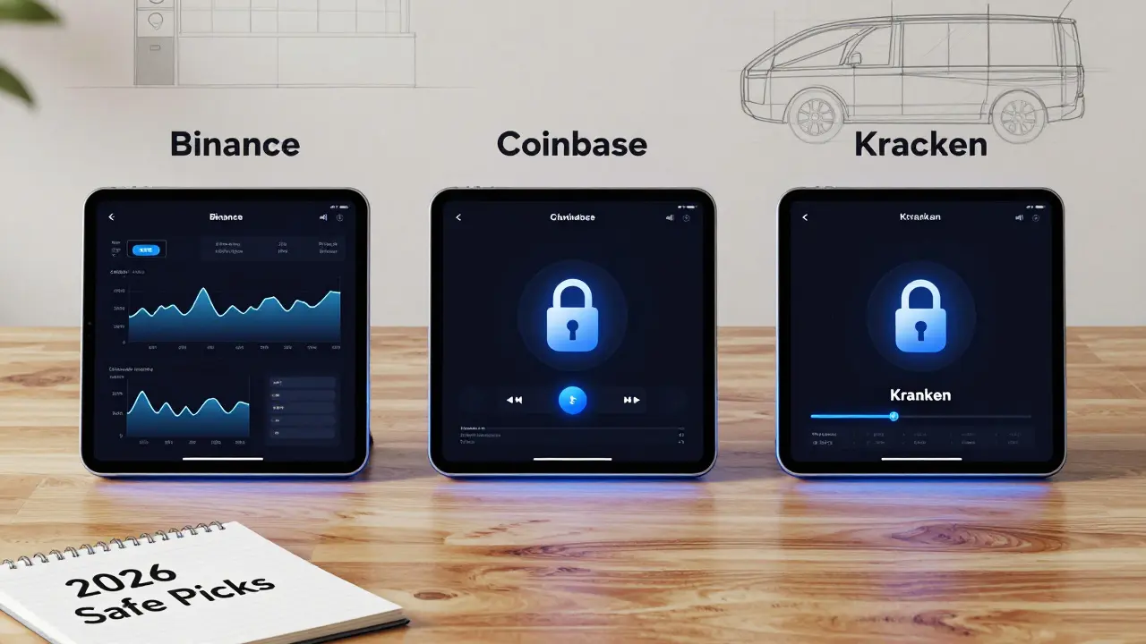 Three sleek modern crypto exchange tablets glowing with secure interfaces on a wooden desk.