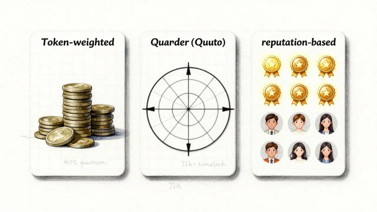 Three voting systems illustrated as hand-drawn dashboards with quorum and timelock notes.