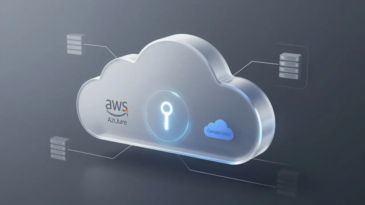 Translucent cloud HSM module floating above digital dashboard with cloud provider logos and rotating key icons.