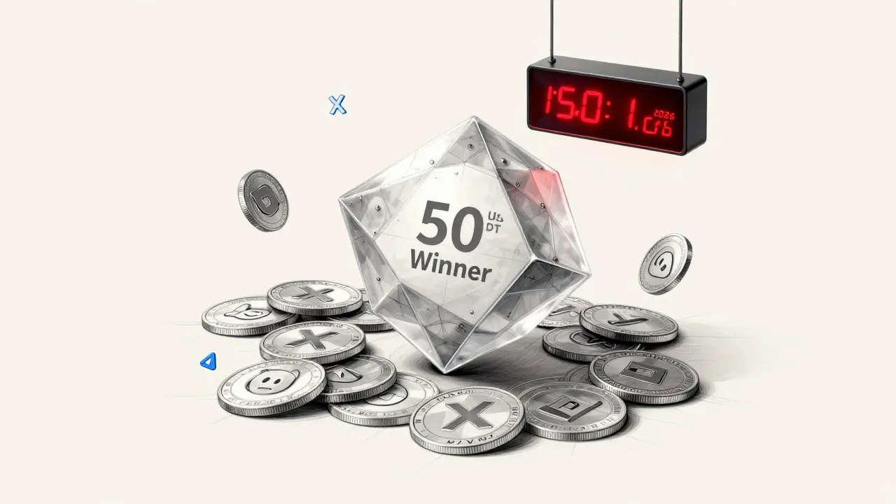 Transparent award plaque engraved with '50 USDT Winner' surrounded by crypto platform icons.