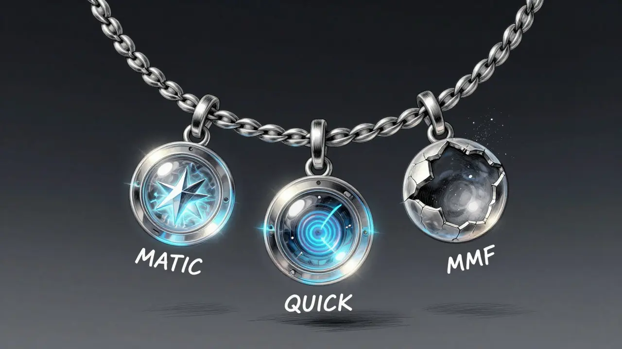 Transparent blockchain necklace with three beads: MATIC, QUICK, and a hollow MMF shell.