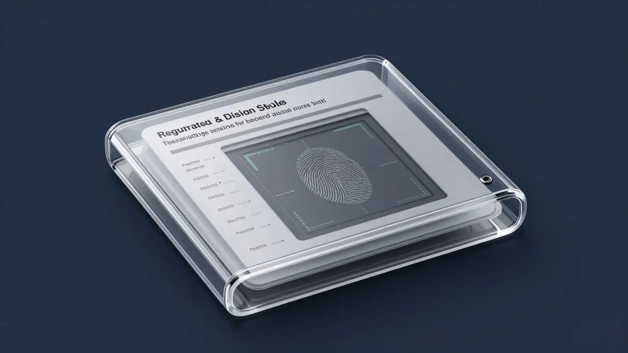 Transparent digital wallet prototype showing reserve assets and fingerprint authentication.