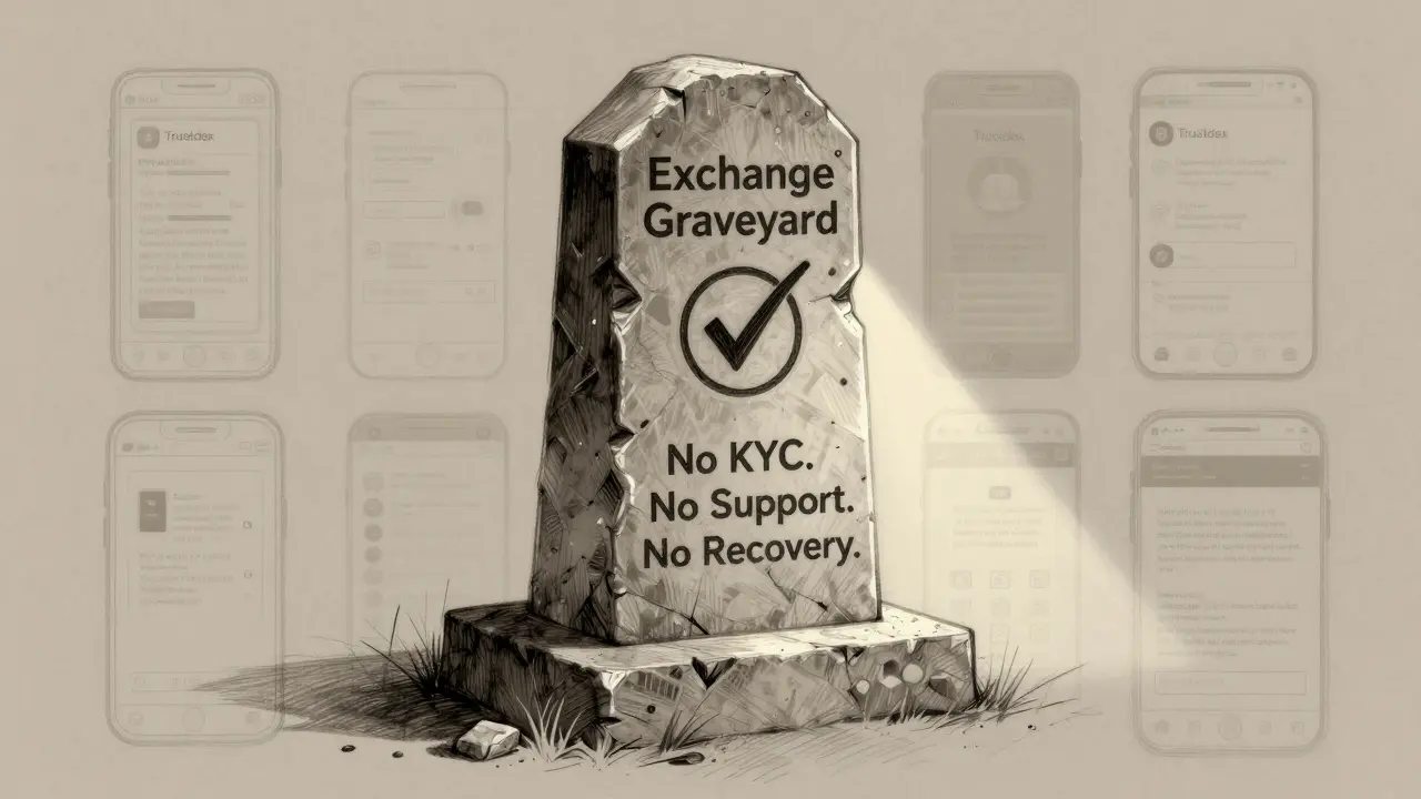 Weathered monument marked 'Trustdex' in a crypt exchange graveyard, with ghostly app outlines.