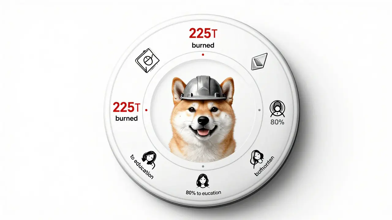 A circular wallet design with a Shiba Inu engineer and token burn metrics, illustrated in minimalist product sketch style.
