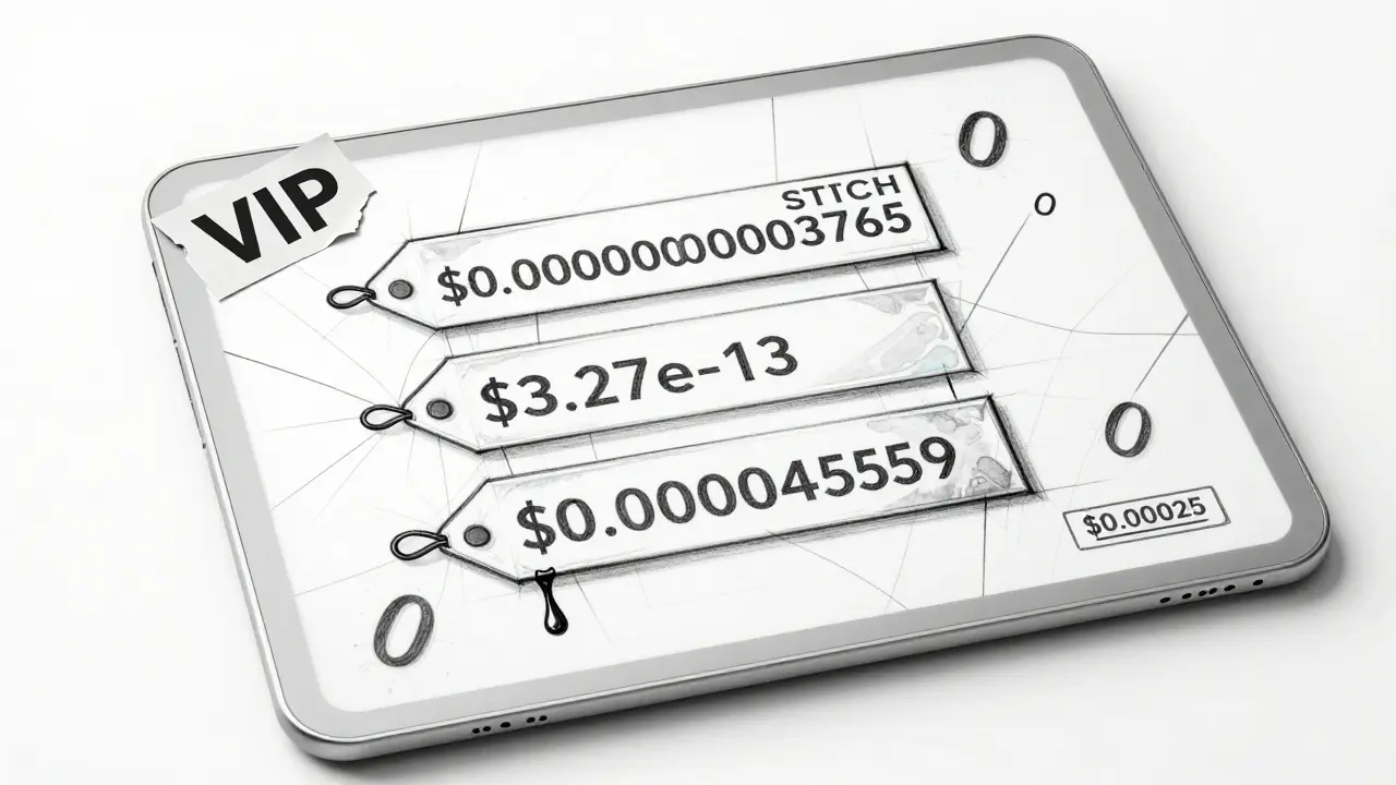A cracked tablet showing conflicting STITCH prices with a torn VIP domain sticker and bleeding ink.
