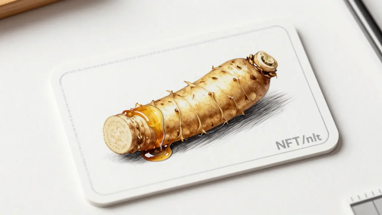 A detailed NFT ingredient card designed like a luxury kitchen tool, with blockchain details and textured surfaces.