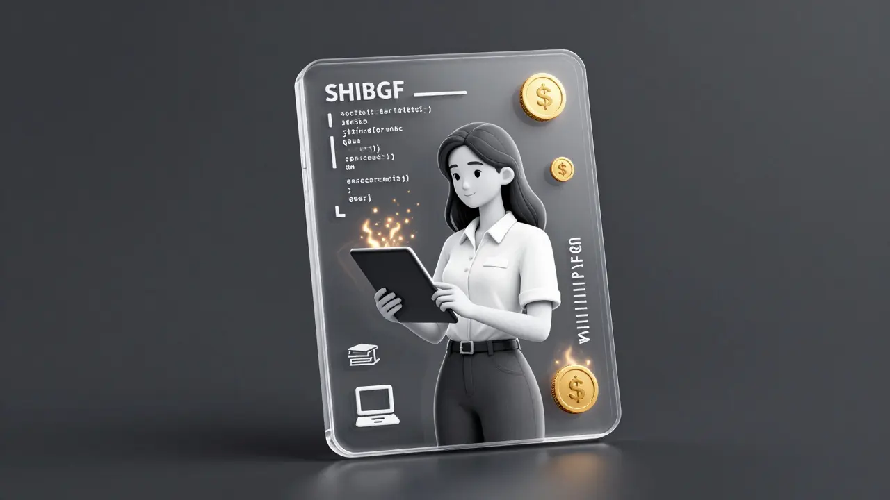 A transparent NFT card showing a female engineer with coding and SHIBGF tokens, rendered as a premium collectible.