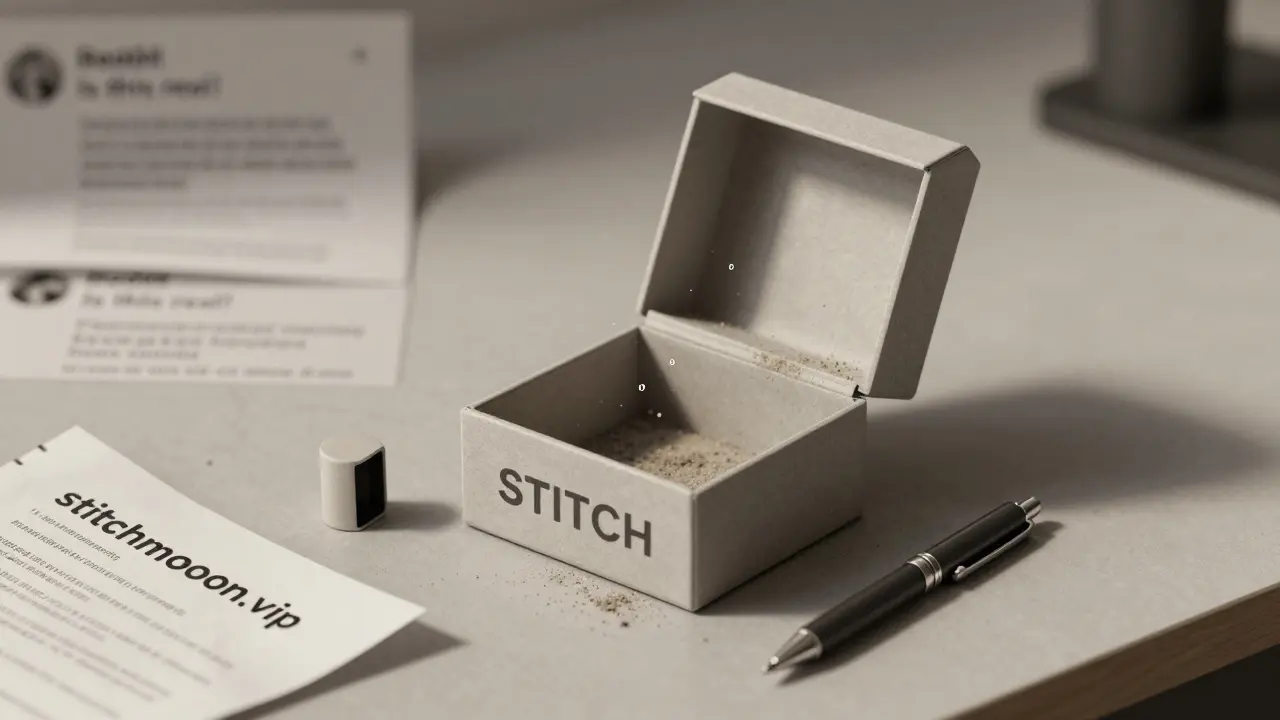 An empty STITCH cryptocurrency box filled with dust and zeros, next to a misspelled website URL.