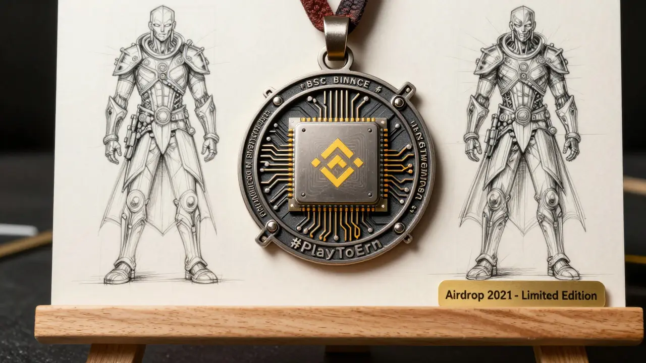 BSC microchip embedded in a fantasy medallion with engraved hashtags, displayed on wooden stand.