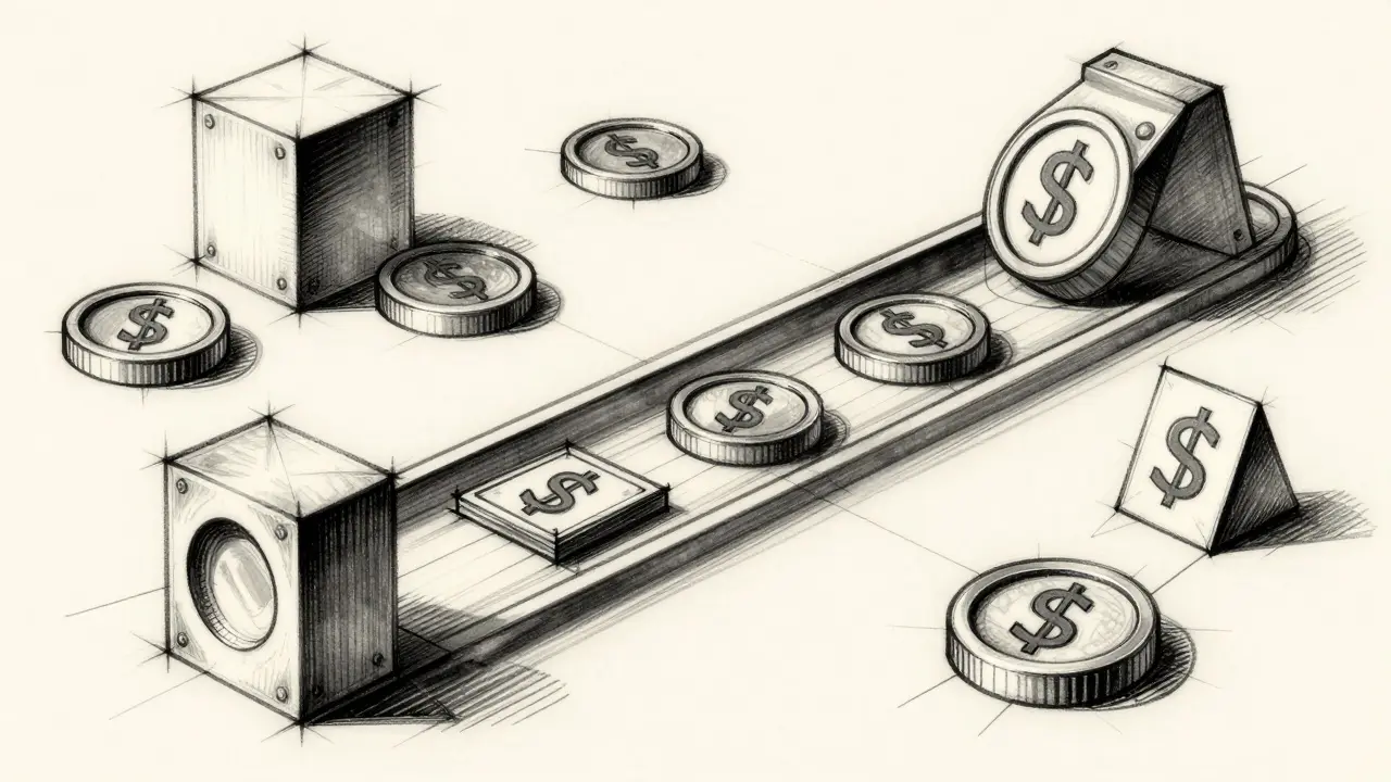 Design illustration of abstract currency tokens flowing through a streamlined channel.