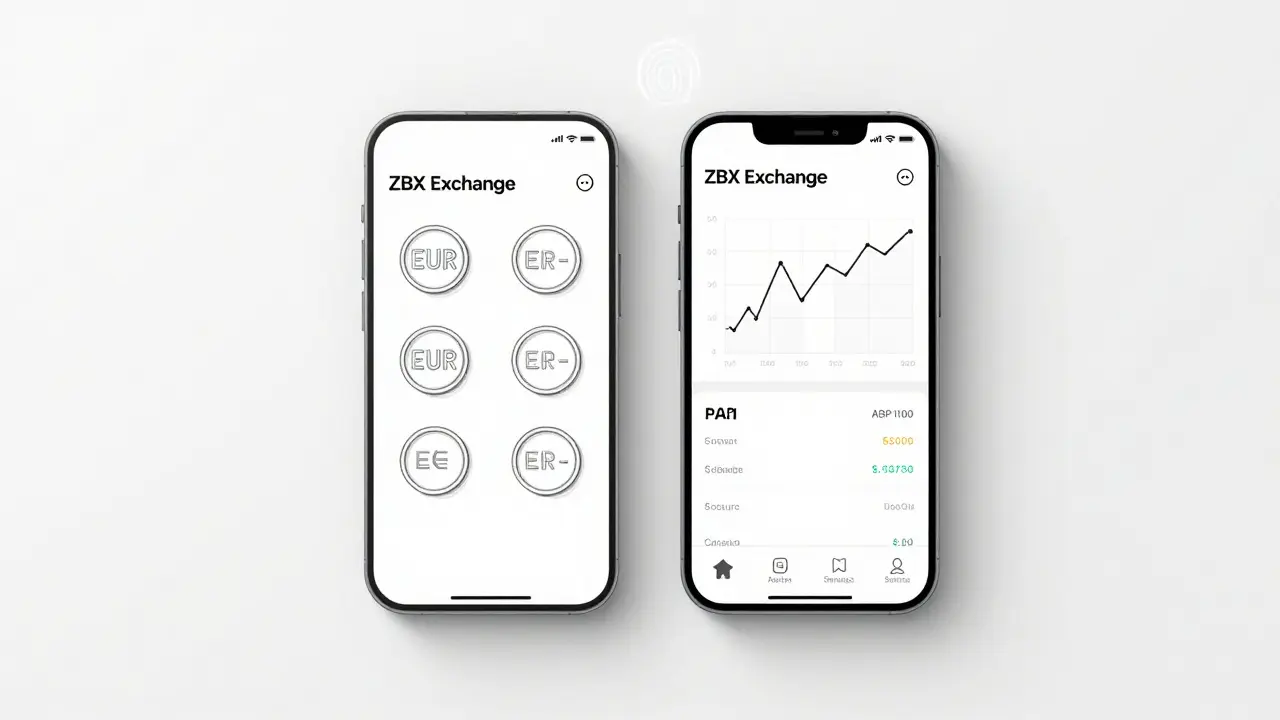 Dual-interface mobile app sketch for ZBX Exchange showing simplified and advanced trading modes with biometric login detail.