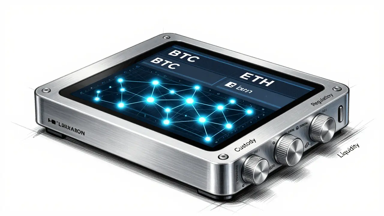 Dual-layer institutional crypto interface showing stock ticker and blockchain nodes.