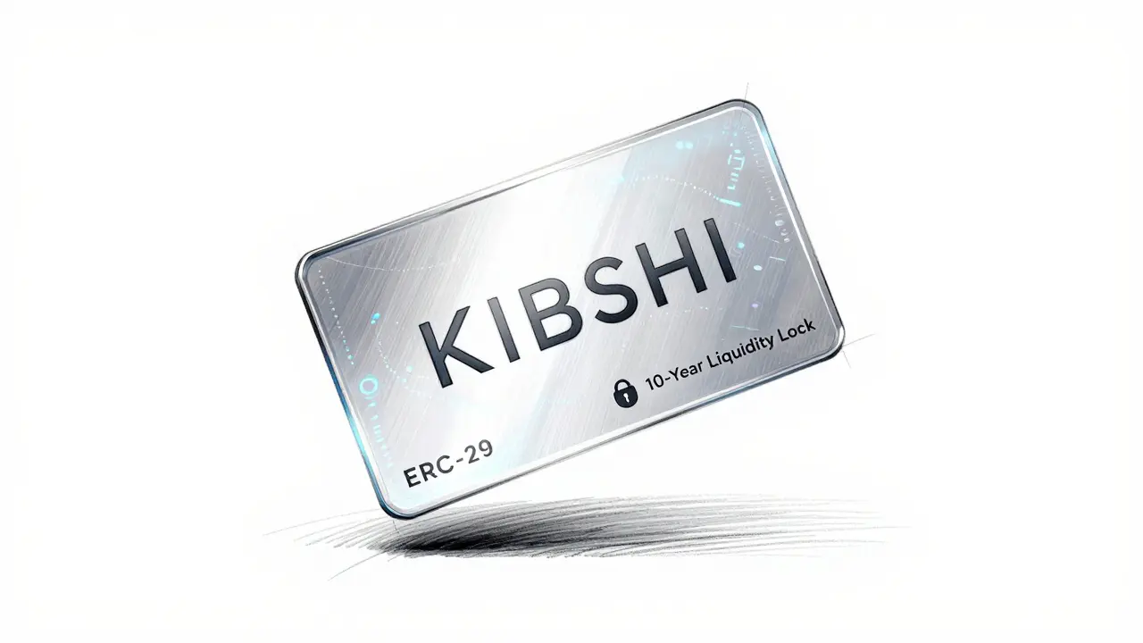 Ethereum ERC-20 token card labeled KIBSHI with a 10-year liquidity lock icon, drawn in product design sketch style.