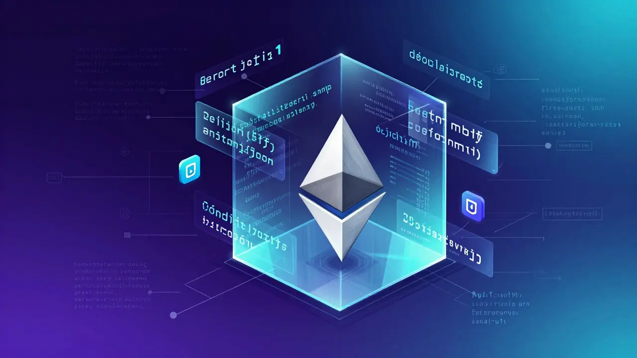 Ethereum smart contract cube with floating code and Dapp icons
