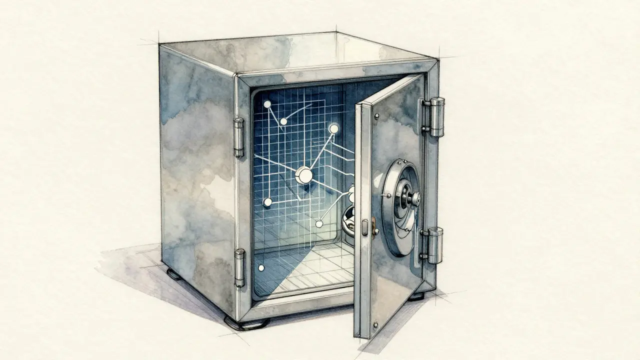 Exploded view sketch of a digital security vault with layered encryption components.