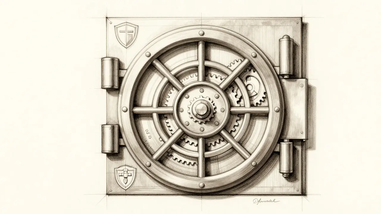 Ink sketch of a fortified vault lock symbolizing secure and regulated asset storage.