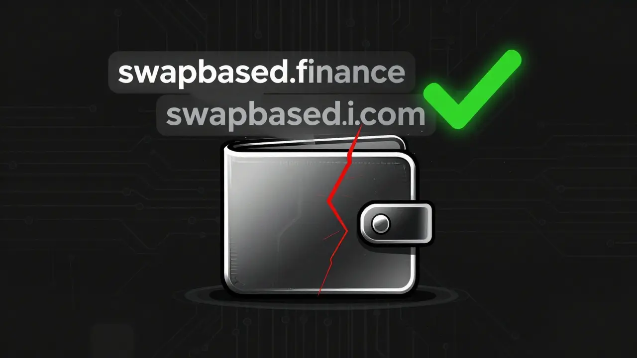 Metallic wallet with fracture line and phishing domains floating nearby, emphasizing security risks