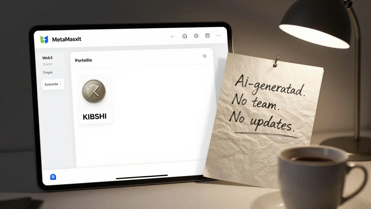 MetaMask wallet showing one KIBSHI token beside handwritten notes: 'AI-generated. No team. No updates.'