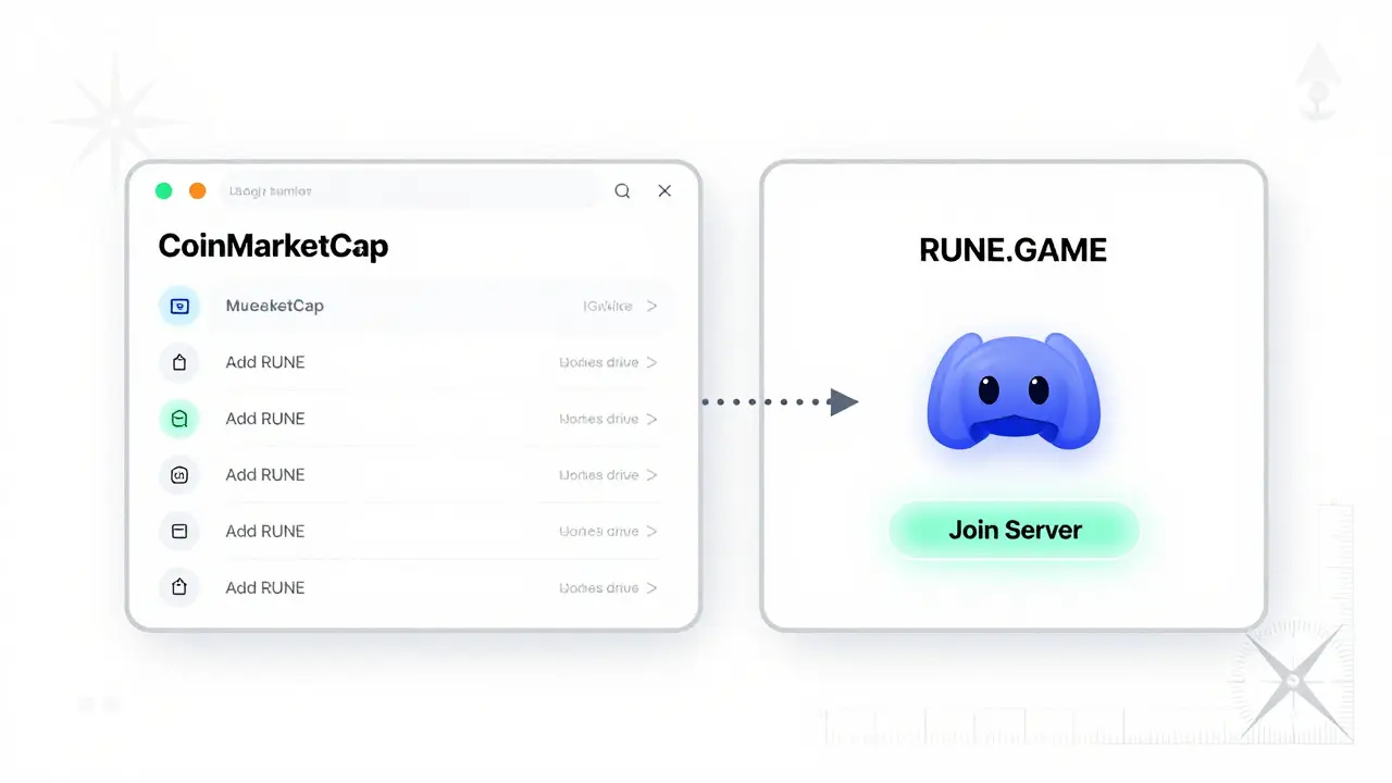 Minimalist design sketch comparing CoinMarketCap watchlist and RUNE.GAME Discord invite as user journey steps.