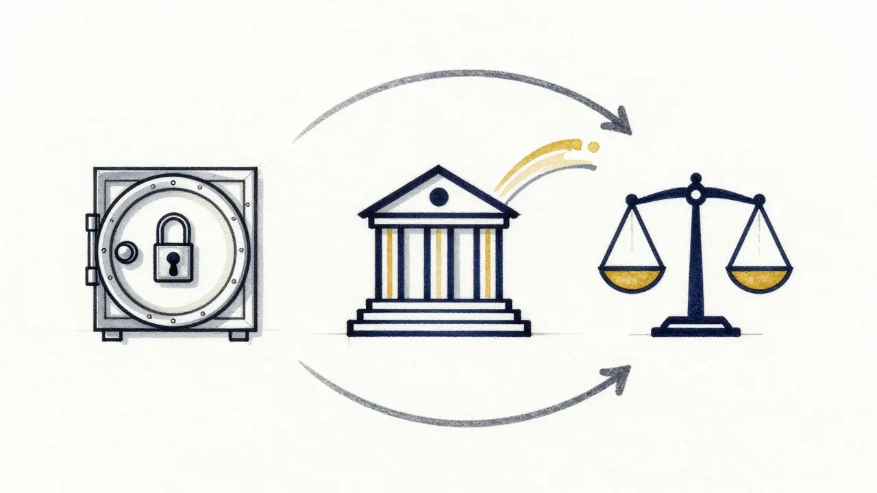 Minimalist regulatory symbols representing secure custody, monitored transactions, and business taxation.