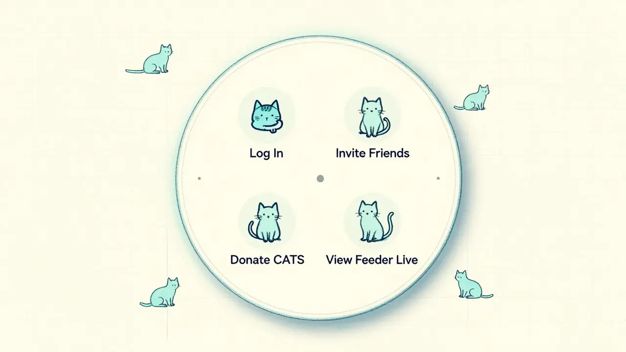Mobile app mockup with cat icons and donation controls in soft pastel tones.