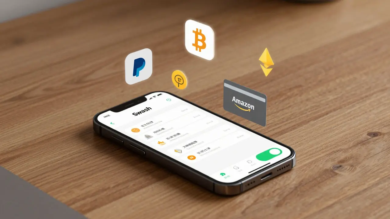 Mobile phone showing Swash app with green toggle and floating withdrawal option icons.