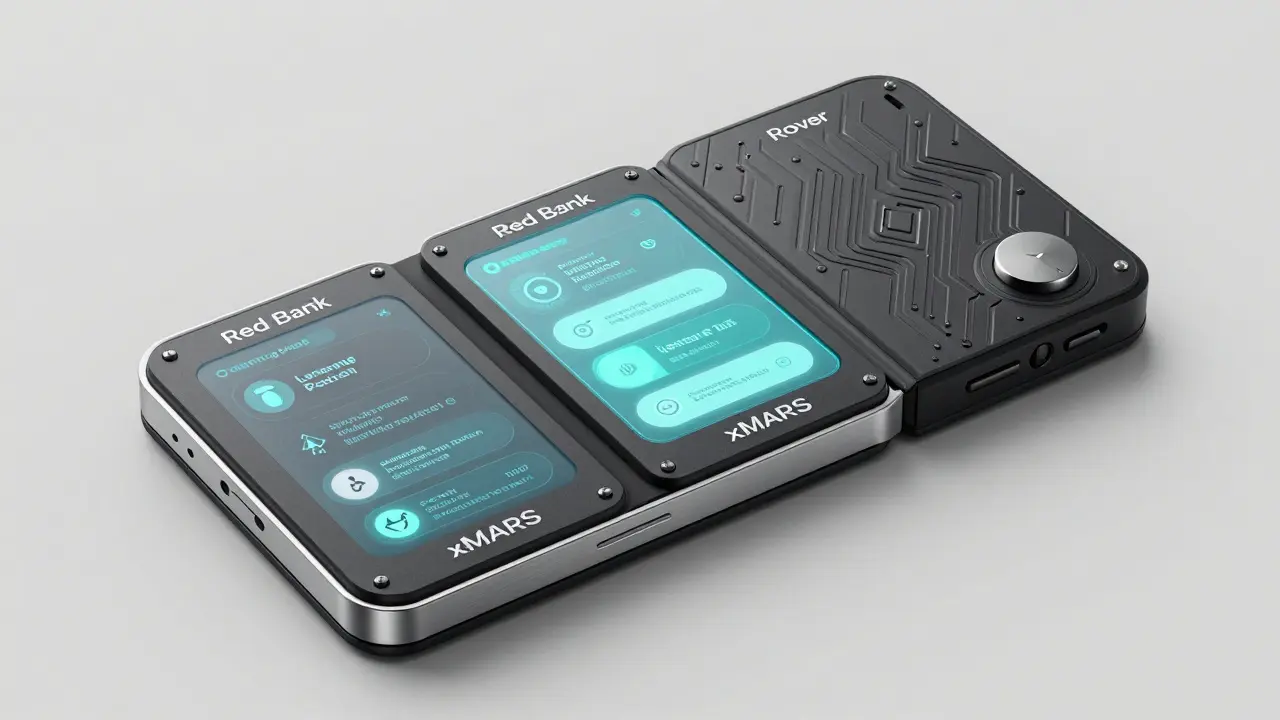 Modular Cosmos wallet with detachable Red Bank, Rover, and xMARS panels in minimalist tech design.