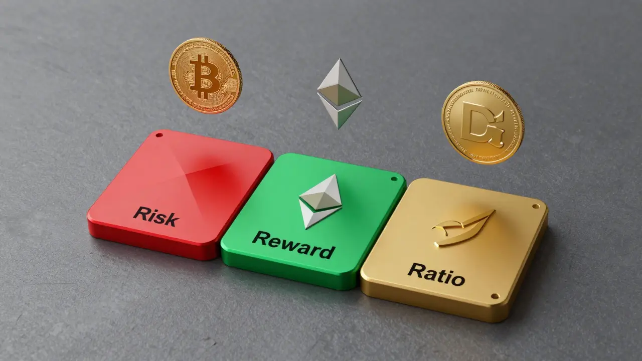 Modular trading system with three panels labeled Risk, Reward, and Ratio, featuring crypto icons.
