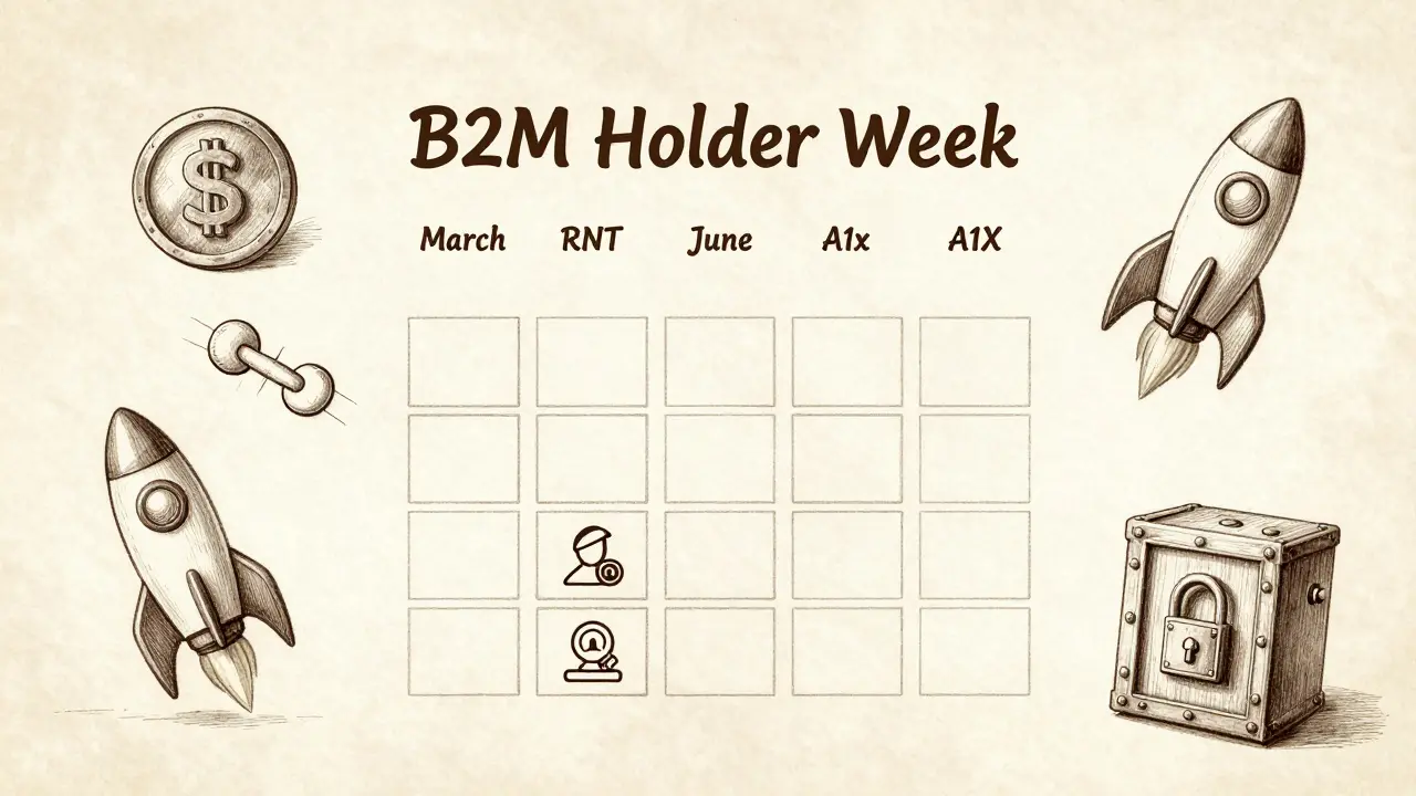Monthly reward calendar with B2M Holder Week icons and symbols