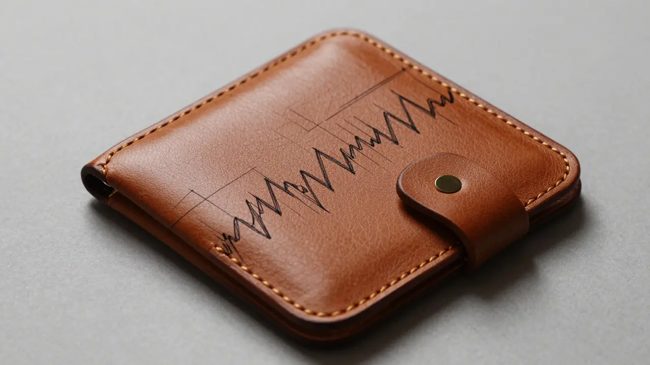 Product design sketch of a digital wallet case with abstract volatility waves.