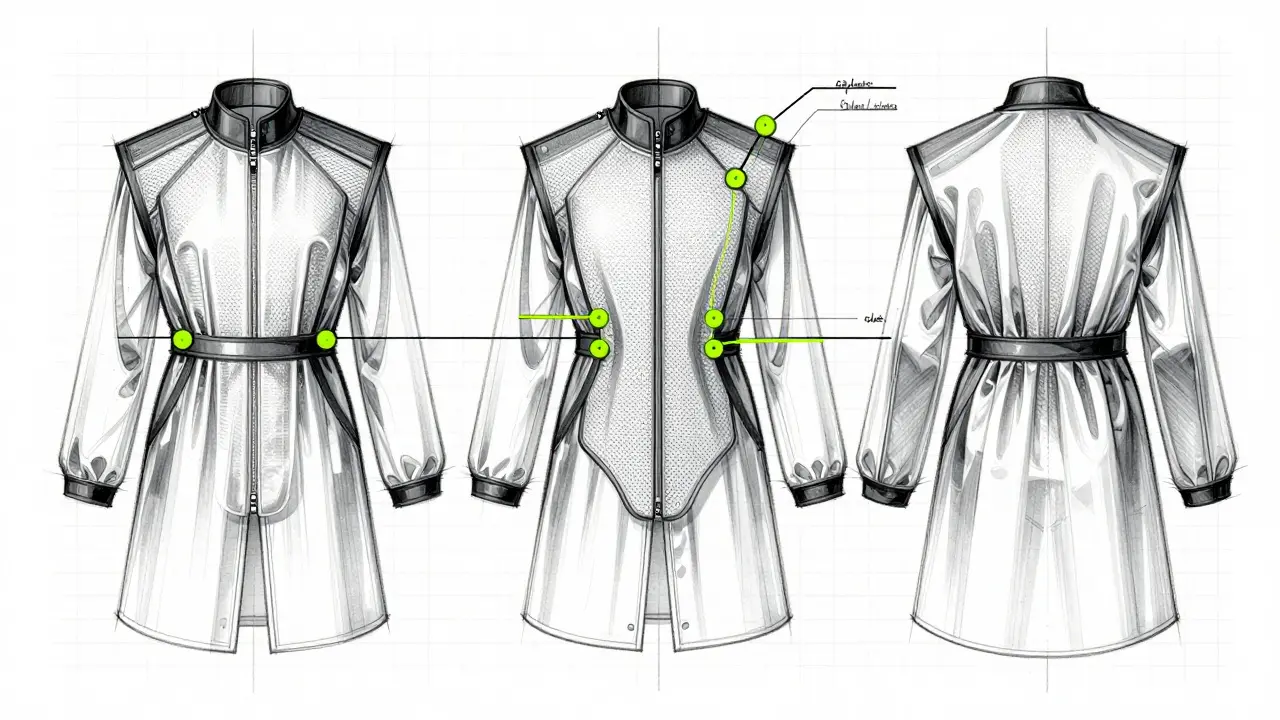 Protective garment blueprint with grid background