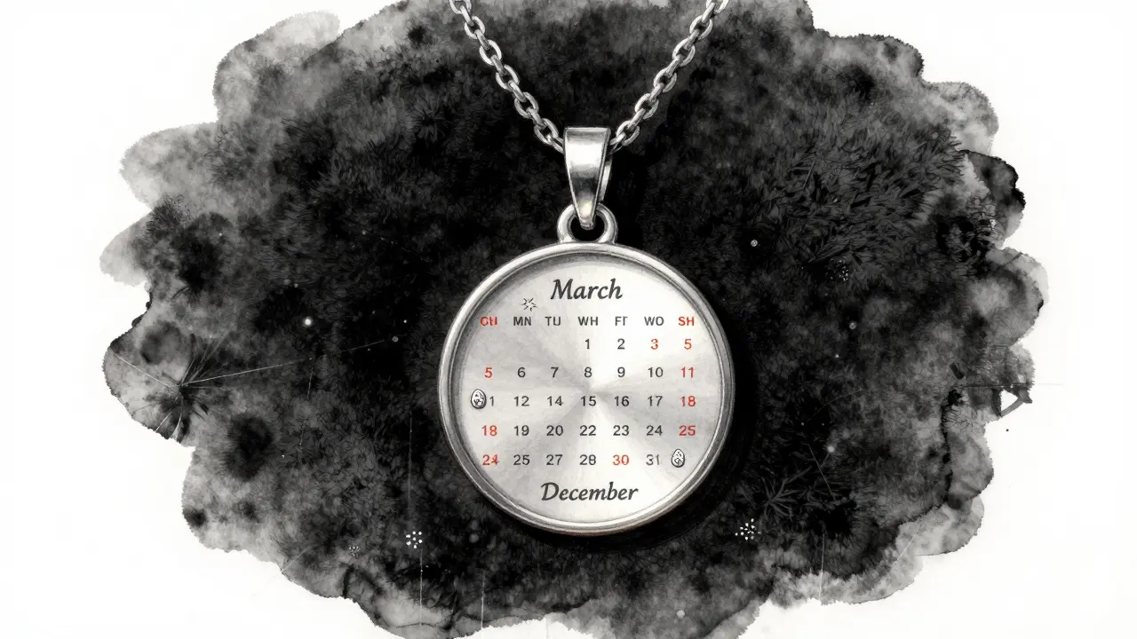 Quarterly airdrop calendar pendant with symbolic tokens on velvet surface.