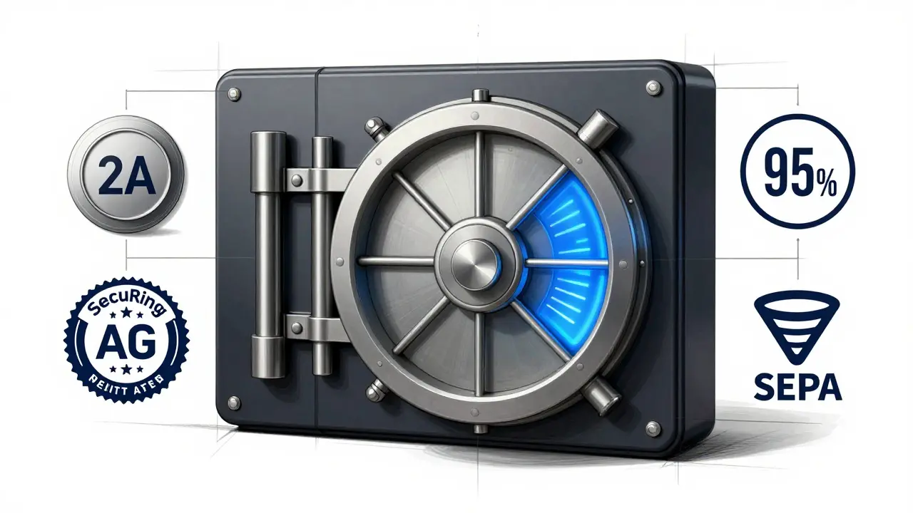 Secure crypto vault design with cold storage indicator, 2FA badge, and audit seal in technical line art style.
